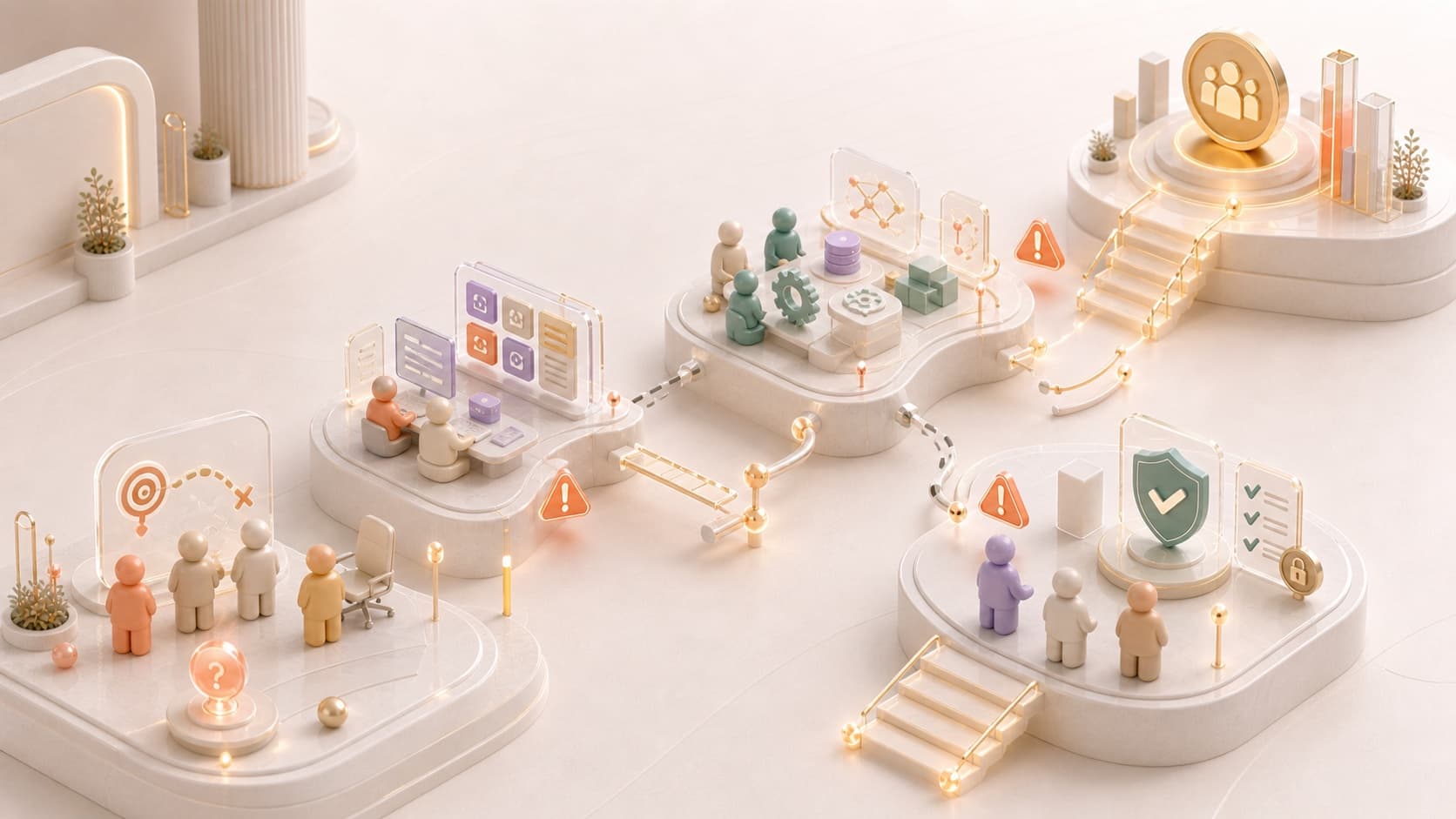 Disconnected AI capability stages showing skills gaps across leadership, business, technical, and governance teams