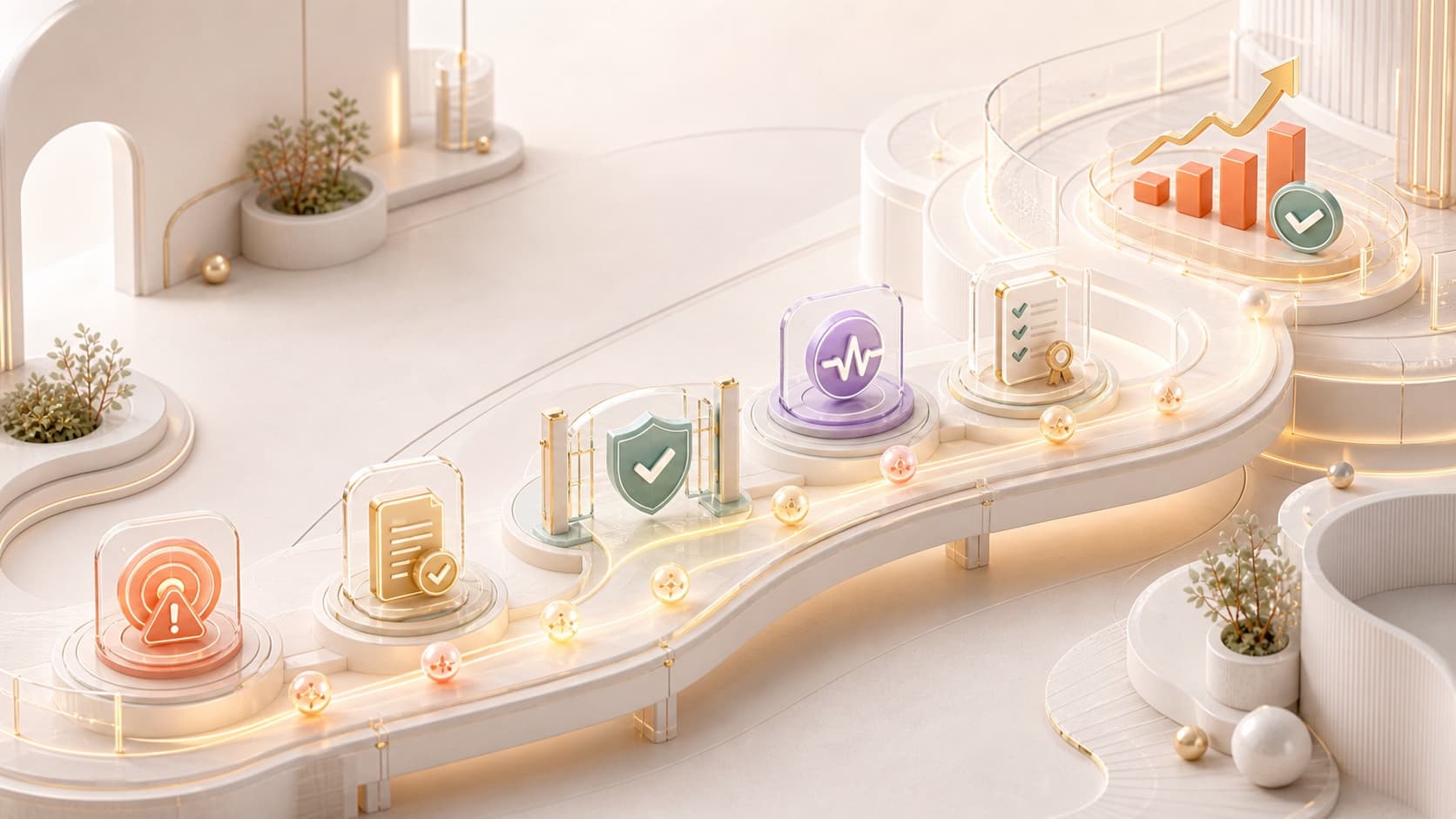 AI governance checkpoints guiding systems through risk, policy, guardrails, monitoring, and audit toward business growth